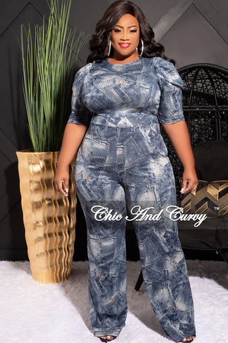 Final Sale Plus Size Zip Up Jumpsuit with Ruched Sleeves in Denim Button Print