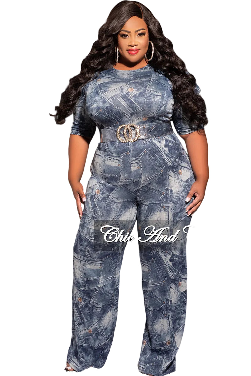 Final Sale Plus Size Zip Up Jumpsuit with Ruched Sleeves in Denim Button Print