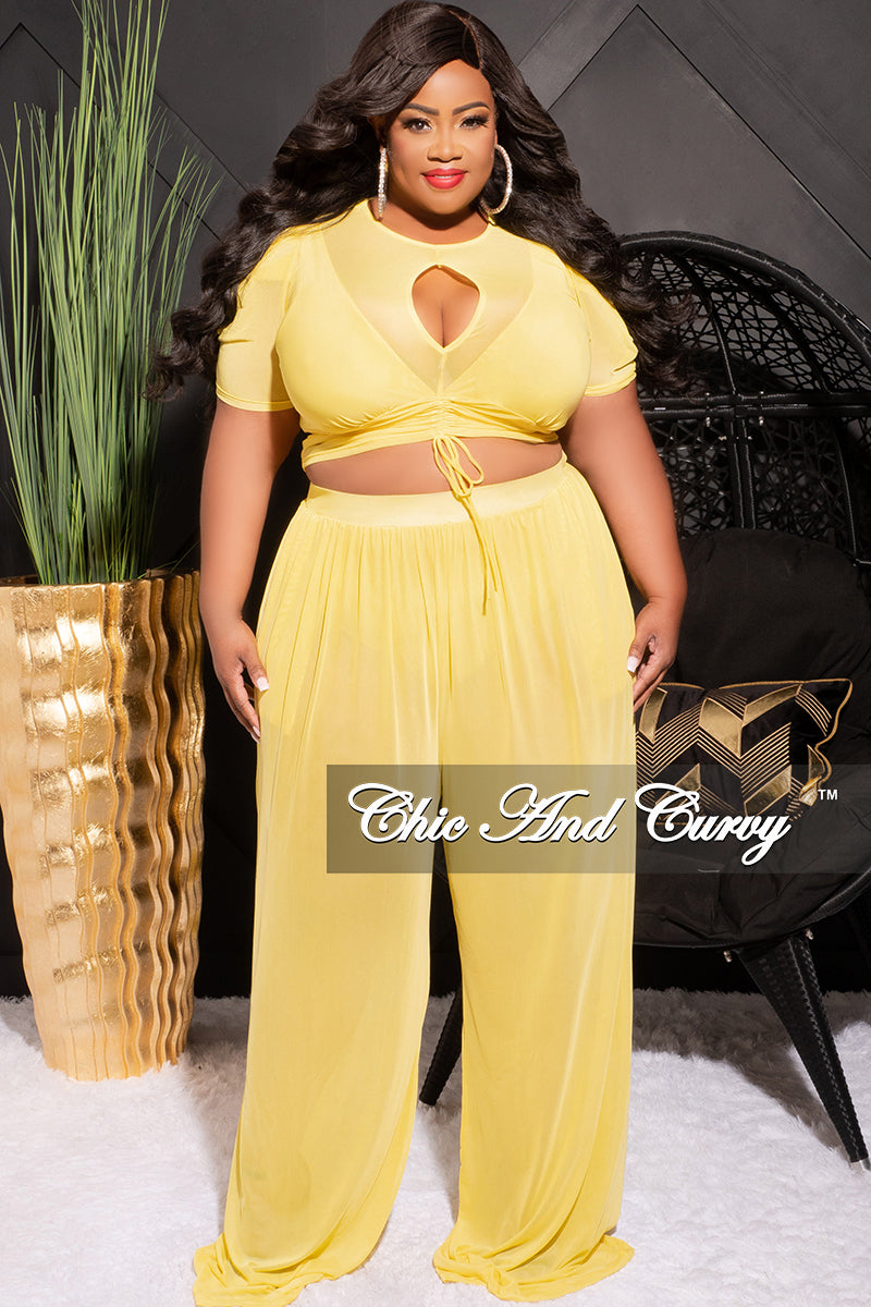Final Sale Plus Size Mesh 3pc Set Top, Bralette, & Pant with Briefs in Yellow