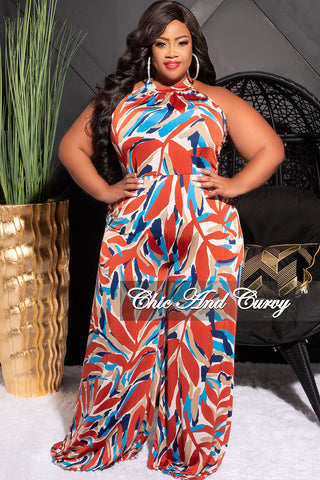 Final Sale Plus Size Halter Jumpsuit in Blue and Rust Print