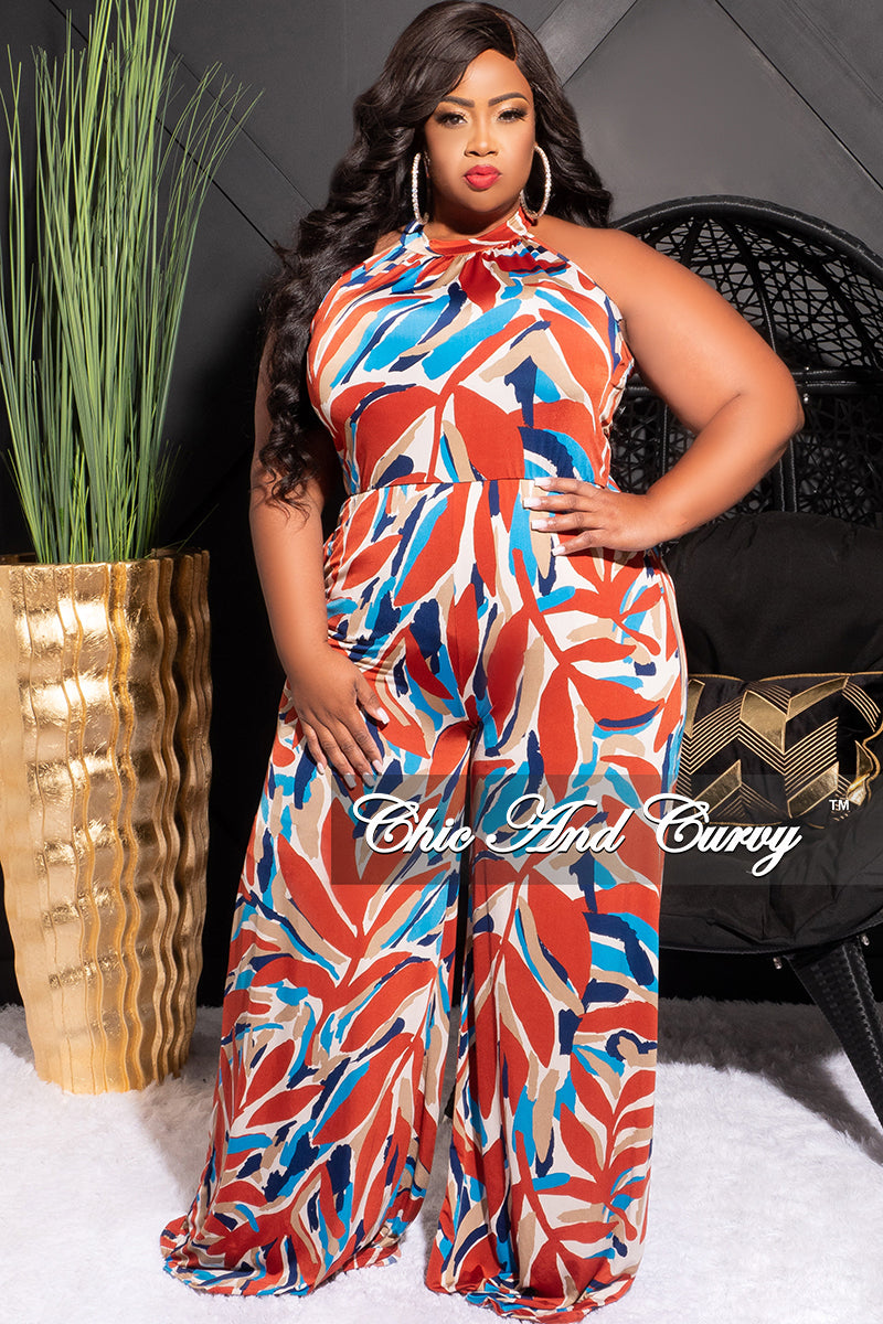 Final Sale Plus Size Halter Jumpsuit in Blue and Rust Print