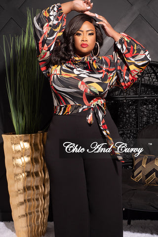Final Sale Plus Size Colorblock Jumpsuit with Tie in Black Multi Color Leaf Print