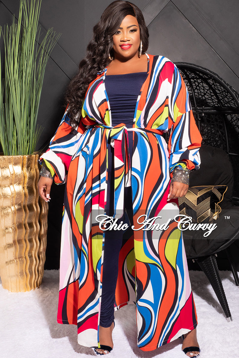 Final Sale Plus Size Sheer Chiffon Duster with Waist Tie and Rhinestone Cuff in Orange Neon Green Royal Blue and White