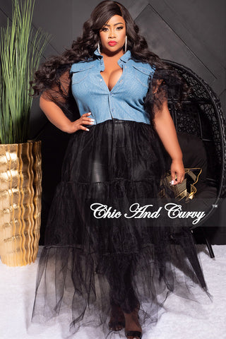 Final Sale Plus Size Collar Button Up Tulle Top in Denim and Black