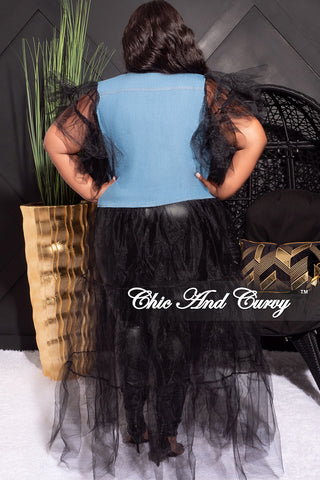 Final Sale Plus Size Collar Button Up Tulle Top in Denim and Black
