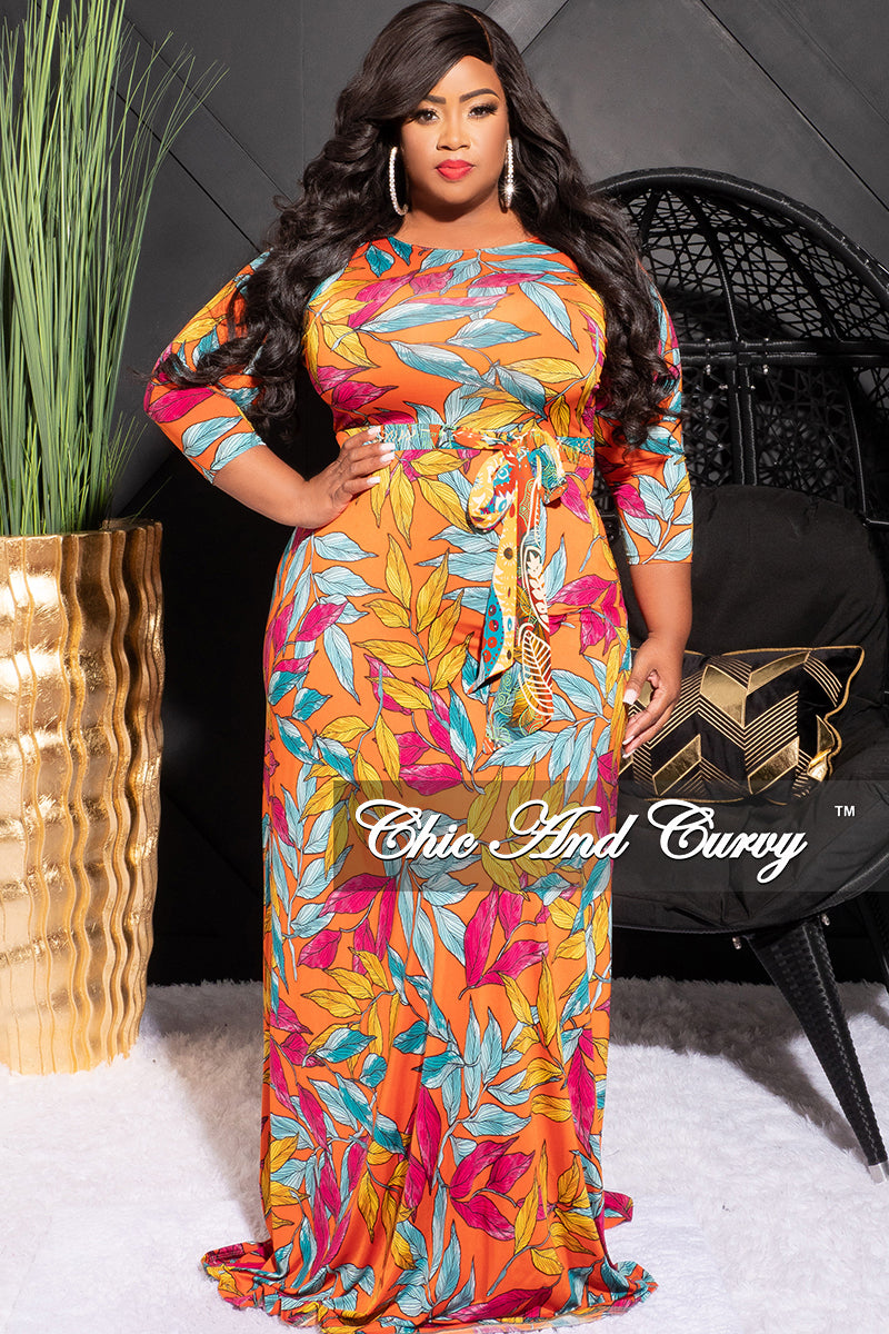 Final Sale Plus Size Maxi Dress with Belt in Tropical Print