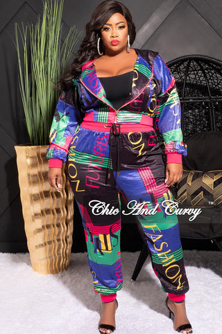 Final Sale Plus Size 2pc Stain Crop Zip Up Jacket and Jogger Pants Set in Purple Black Fuschia and Green