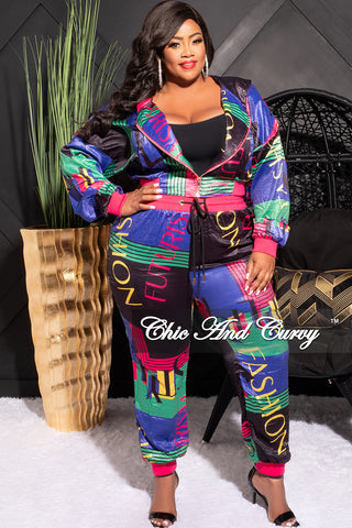 Final Sale Plus Size 2pc Stain Crop Zip Up Jacket and Jogger Pants Set in Purple Black Fuschia and Green