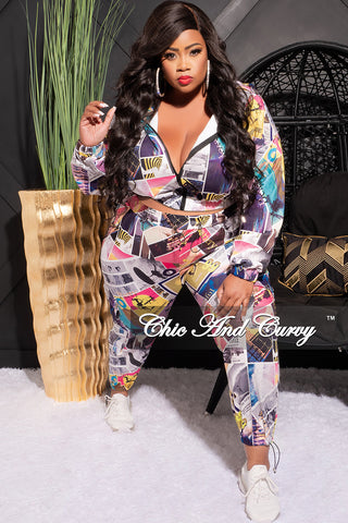 Final Sale Plus Size 2pc Hooded Crop Zip Up Jacket and Jogger Pants Set in Yellow, Pink and Mustard Multi Color Print
