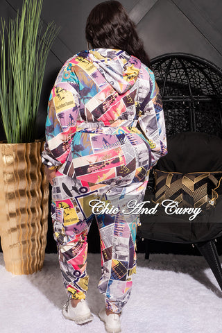 Final Sale Plus Size 2pc Hooded Crop Zip Up Jacket and Jogger Pants Set in Yellow, Pink and Mustard Multi Color Print