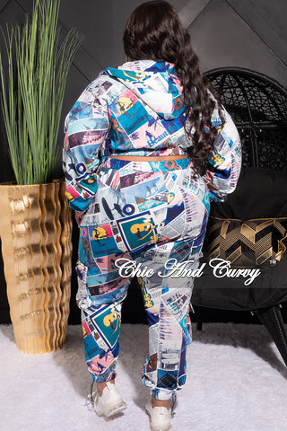 Final Sale Plus Size 2pc Hooded Crop Zip Up Jacket and Jogger Pants Set in Blue, Purple and Turquoise Multi Color