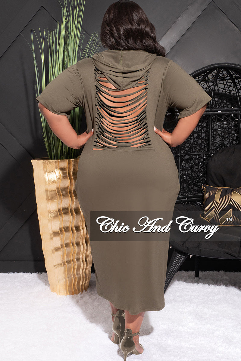 Final Sale Plus Size Hooded Midi Dress with Distress Back in Olive