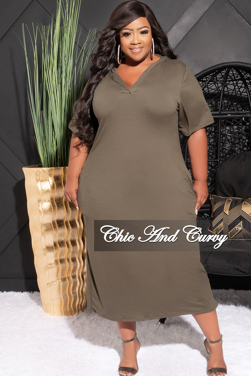 Final Sale Plus Size Hooded Midi Dress with Distress Back in Olive