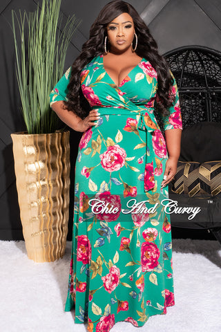 Final Sale Plus Size Faux Wrap Dress in Green with Pink Floral Print