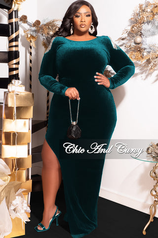 Available Online Only - Final Sale Plus Size Velvet Dress Gown with Fringe Rhinestone Shoulders and Side Slit Emerald Green