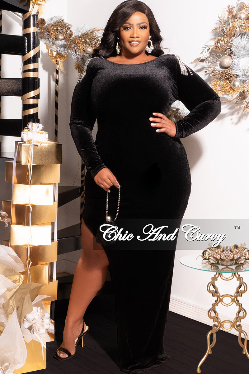 Available Online Only - Final Sale Plus Size Velvet Dress Gown with Fringe Rhinestone Shoulders and Side Slit in Black