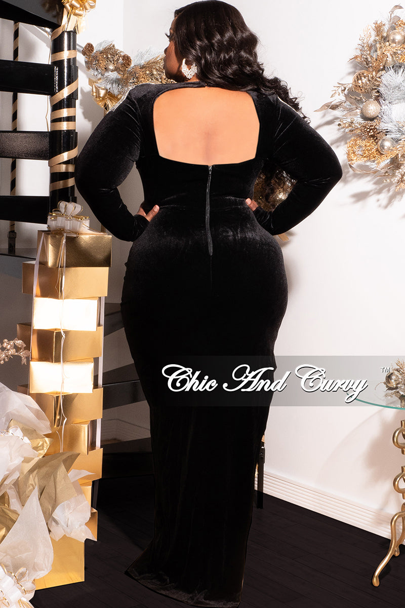 Available Online Only - Final Sale Plus Size Velvet Dress Gown with Fringe Rhinestone Shoulders and Side Slit in Black