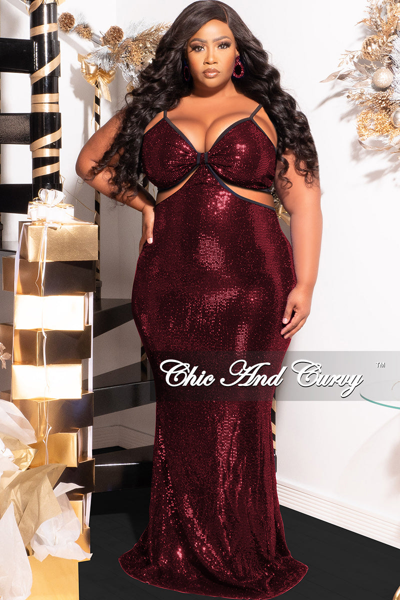 Final Sale Plus Size Spaghetti Strap Faux Sequin Gown with Cut Outs in Red