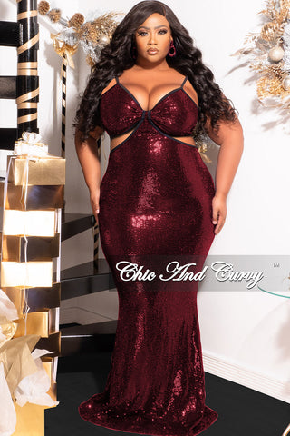 Final Sale Plus Size Spaghetti Strap Faux Sequin Gown with Cut Outs in Red
