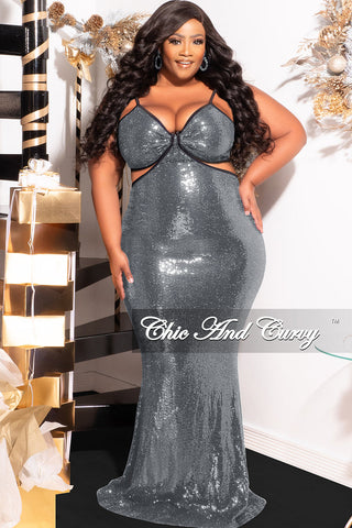 Final Sale Plus Size Spaghetti Strap Faux Sequin Gown with Cut Outs in Silver