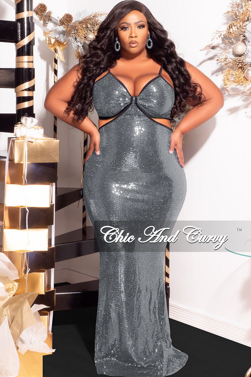 Final Sale Plus Size Spaghetti Strap Faux Sequin Gown with Cut