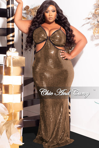 Final Sale Plus Size Spaghetti Strap Faux Sequin Gown with Cut Outs in Gold