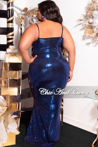 Final Sale Plus Size Spaghetti Strap Sequin Gown with Cut Outs in Royal Blue