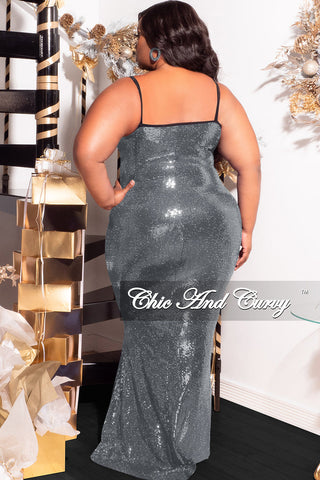 Final Sale Plus Size Spaghetti Strap Faux Sequin Gown with Cut Outs in Silver