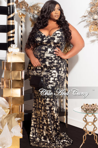 Available Online Only - Final Sale Plus Size Spaghetti Strap Gown in Black and Gold Foil Design Print