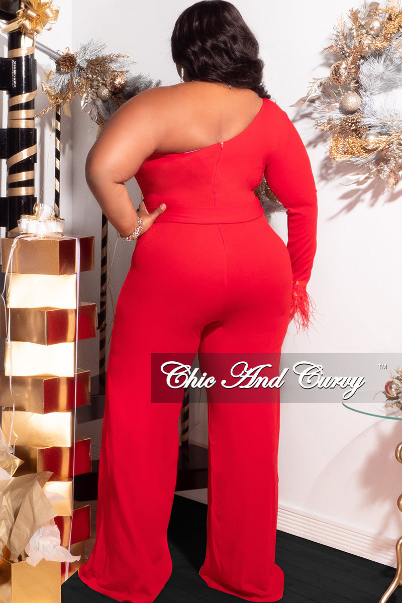 Available Online Only - Final Sale Plus Size One Shoulder Long Sleeve Feather Cuff Jumpsuit with Tie in Red