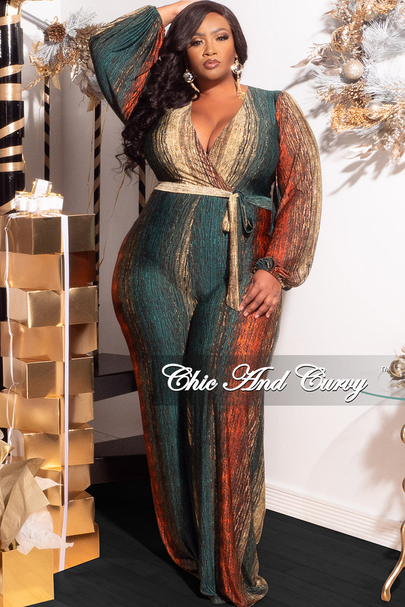 Final Sale Plus Size Deep V Jumpsuit with Tie in Back Gold Zipper in Green Gold and Orange Print