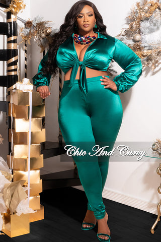 Final Sale Plus Size 2pc Shiny Satin Collared Crop Tie Top and Pants Set in Green