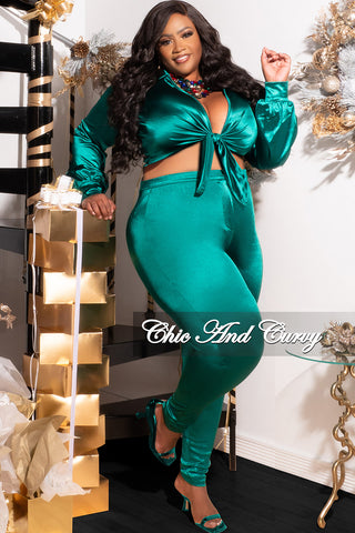 Final Sale Plus Size 2pc Shiny Satin Collared Crop Tie Top and Pants S –  Chic And Curvy