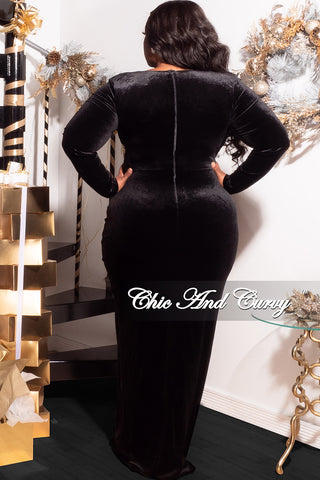 Available Online Only - Final Sale Plus Size Faux Wrap Ruched Gown Velvet  with Slit in Black