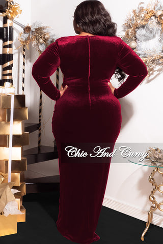 Final Sale Plus Size Faux Wrap Ruched Gown with Slit in Burgundy