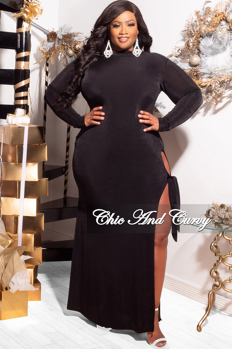 Final Sale Plus Size Maxi Dress with High Slit and Tie in Black