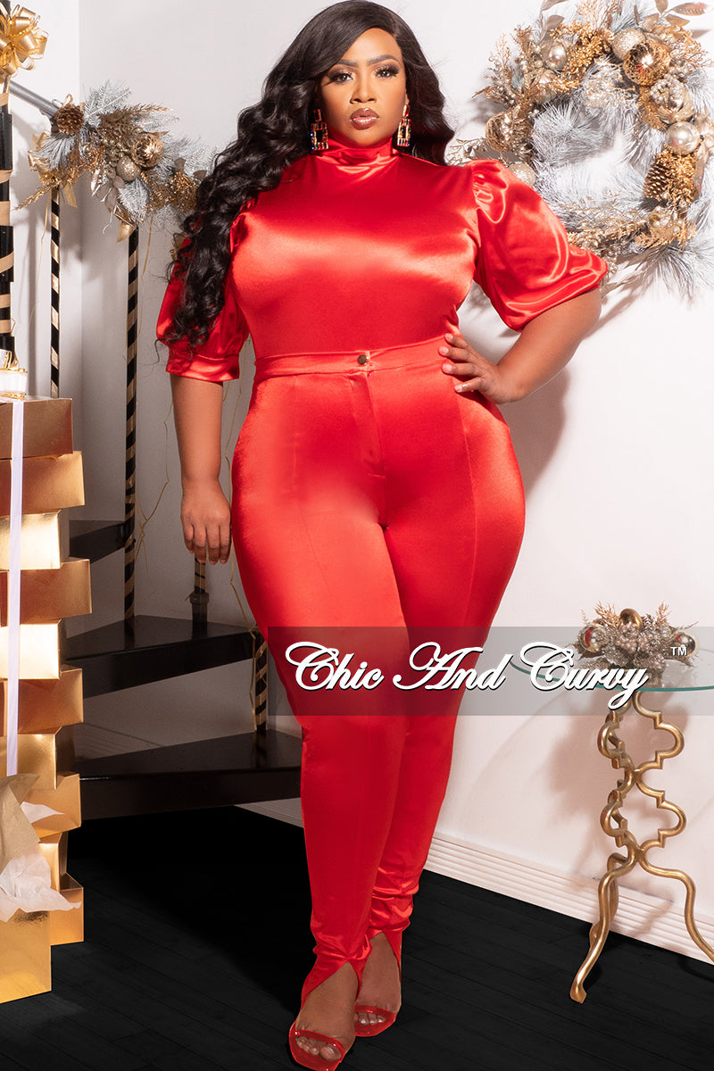 Final Sale Plus Size 2pc Satin Puffy Short Sleeve Bodysuit and Pants Set in Red