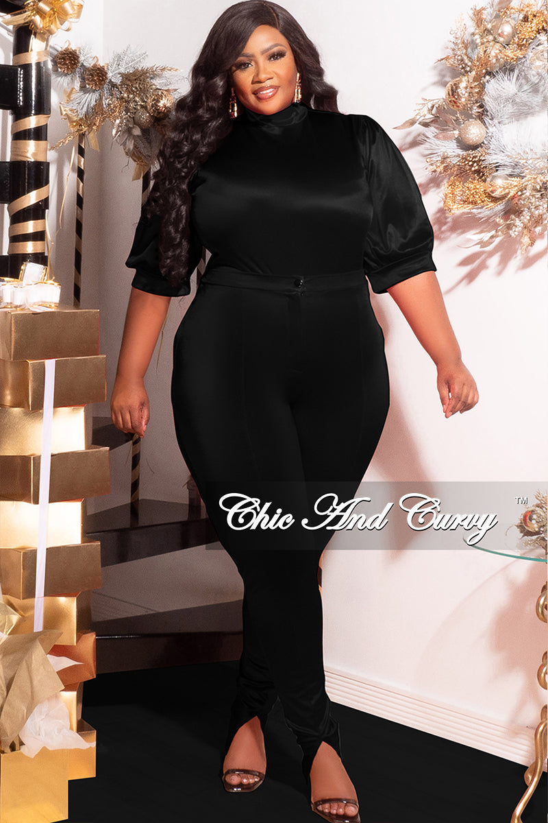Final Sale Plus Size 2pc Satin Puffy Short Sleeve Bodysuit and Pants Set in Black