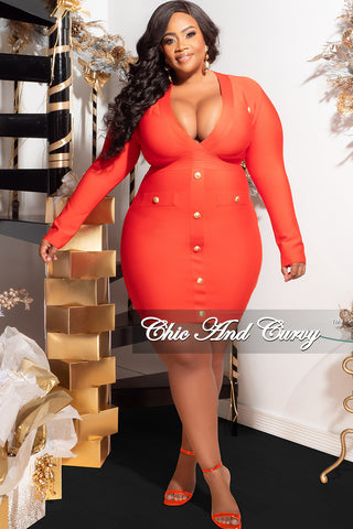Final Sale Plus Size Deep Faux Wrap Long Sleeve Bandage BodyCon Dress with Gold Buttons in Red