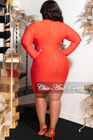 Final Sale Plus Size Deep Faux Wrap Long Sleeve Bandage BodyCon Dress with Gold Buttons in Red