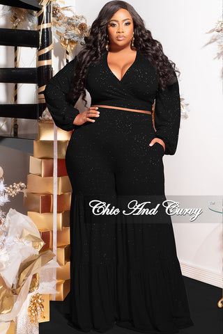 Final Sale Plus Size 2pc Long Sleeve Crop Tie Top and 3-Layer Pants Set in Black Glitter