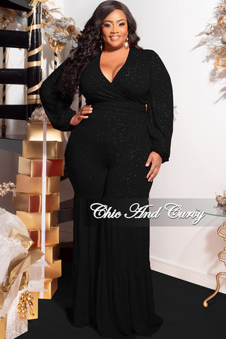 Final Sale Plus Size 2pc Long Sleeve Crop Tie Top and 3-Layer Pants Set in Black Glitter