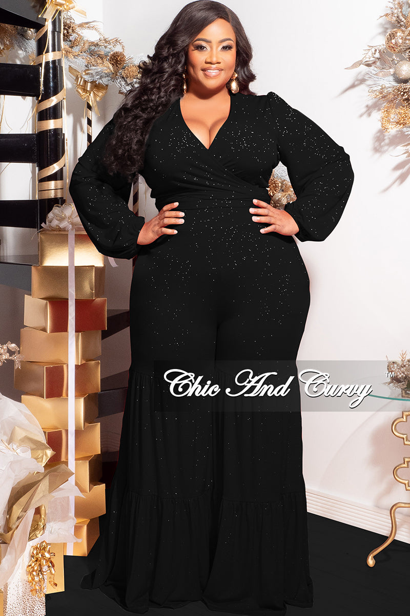 Final Sale Plus Size 2pc Long Sleeve Crop Tie Top and 3-Layer Pants Set in Black Glitter