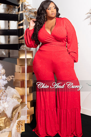 Final Sale Plus Size 2pc Long Sleeve Crop Tie Top and 3-Layer Pants Set in Red Glitter