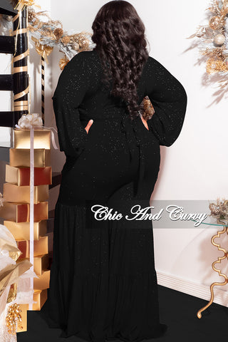 Final Sale Plus Size 2pc Long Sleeve Crop Tie Top and 3-Layer Pants Set in Black Glitter