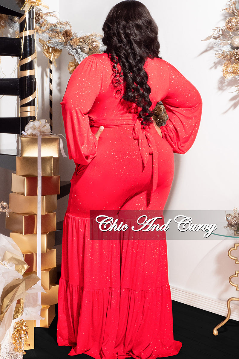 Final Sale Plus Size 2pc Long Sleeve Crop Tie Top and 3-Layer Pants Set in Red Glitter