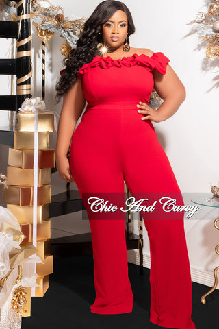 Final Sale Plus Size Off the Shoulder Ruffle Trim Jumpsuit in Red
