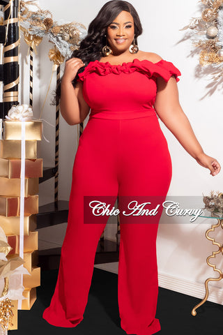 Final Sale Plus Size Off the Shoulder Ruffle Trim Jumpsuit in Red