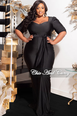 Final Sale Plus Size Shiny Jumpsuit with Ruched Sleeves in Black