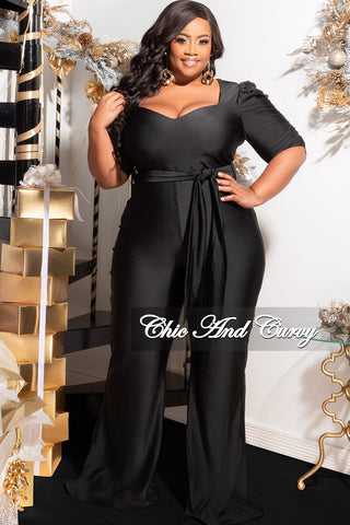 Final Sale Plus Size Shiny Jumpsuit with Ruched Sleeves in Black